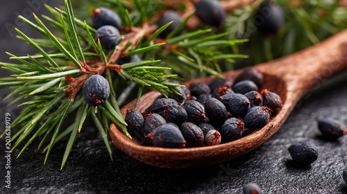 Aromatic juniper berries scattered on dark stone surface, wooden spoon filled with ripe blue-black berries beside fresh pine branch