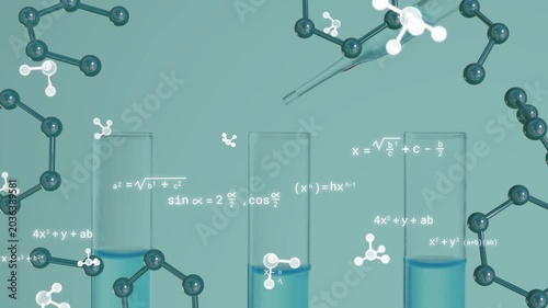 3 test tubes getting drops after pipette entry top-right, molecules drifting, math showing reaction