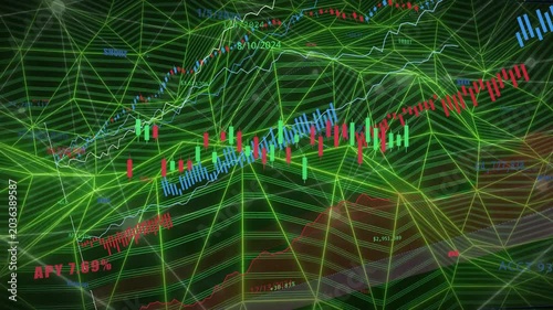 Receiving data, neon mesh chart adding candles blue bars rising trend climbing showing momentum