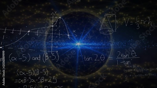 Central blue starburst appearing, spawning chalk equations and graphs, visualizing space math
