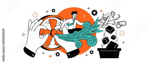 Photography Business efficiency workflow optimization concept showing businessman surfing wind stream to eliminate clutter and organize work process, modern flat vector illustration for corporate productivity