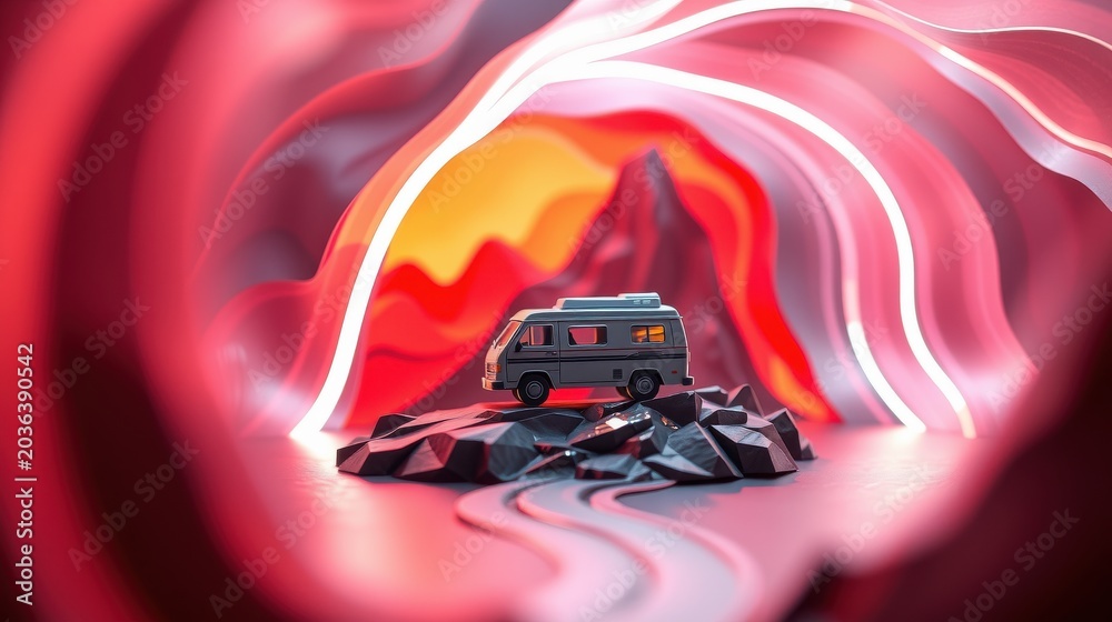 Obraz premium Van travels through swirling, abstract tunnel. Warm colors dominate scene, creating surreal atmosphere. Rocks form base.