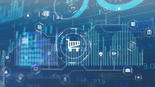 Cart emerging ring pulsing charts rising icons connecting numbers settling showing commerce metrics