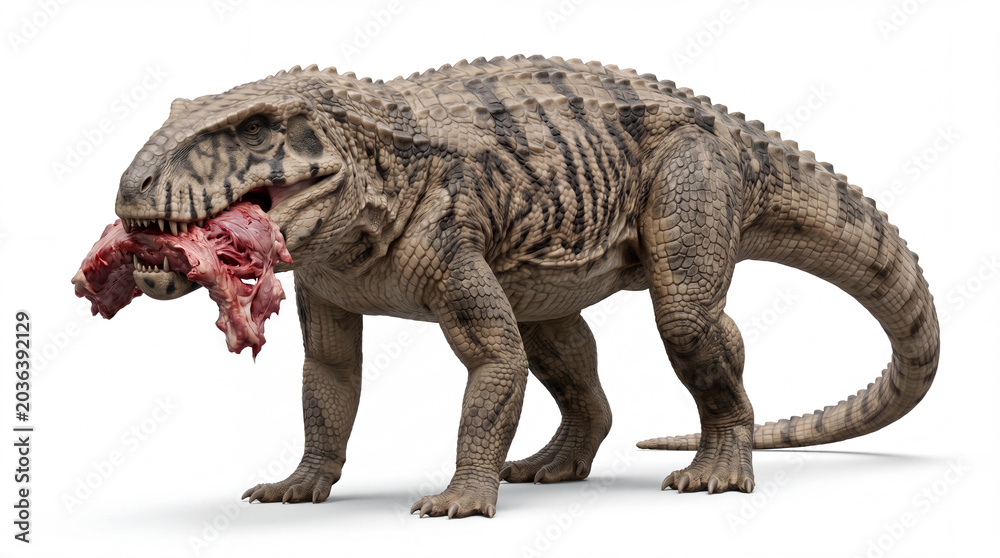 Fototapeta premium Prestosuchus chiniquensis holding a piece of prey meat in its mouth, realistic 3D reconstruction of a Triassic archosaur predator on a clean white background with detailed anatomy.