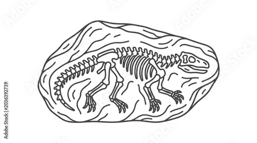 Schilderij op canvas Dinosaur Skeleton Fossil Embedded in Rock Illustration.
