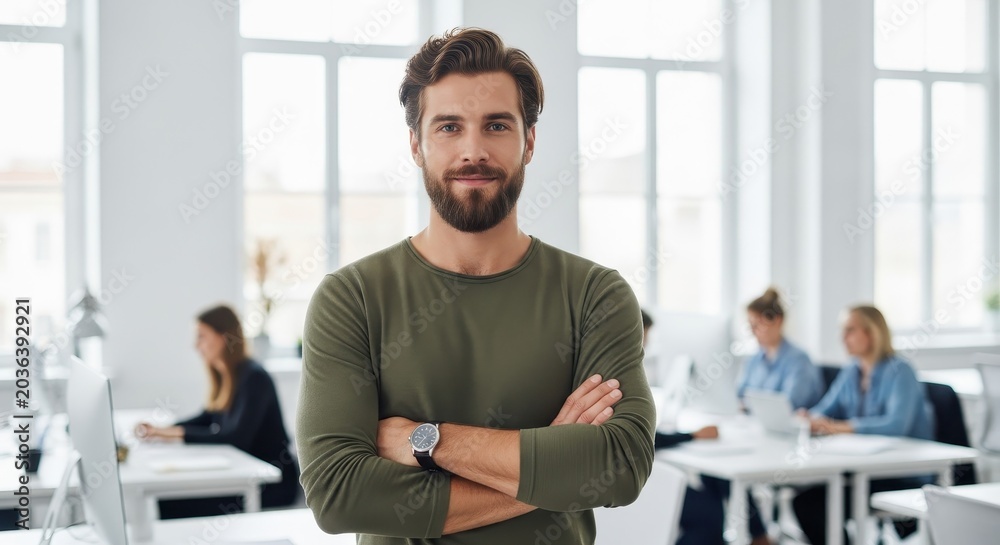 Fototapeta premium Confident Young Businessman Standing with Arms Crossed in a Modern Bright Open Plan Office Environment