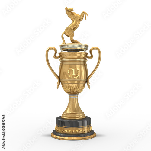 3d goldener Pokal, Trophäe mit Pferd und Platz 1  zum Sieg bei einem Pferdeturnier, Pferderennen oder Pferdewettkampf. 3d Rendering. Freigestellt auf transparenten Hintergrund