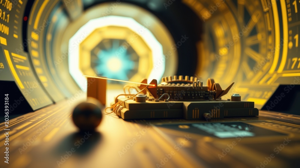 Obraz premium Futuristic interior. Complex machinery dominates foreground. Bright light emanates from distant circular portal. Warm tones, detailed textures present.