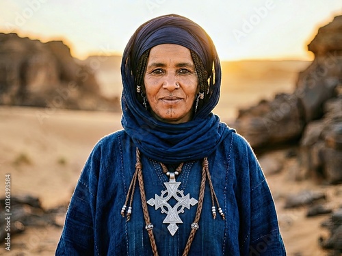 Tuareg Woman in Sahara: A proud Tuareg woman, adorned in traditional blue attire and a distinctive cross pendant, gazes serenely against the backdrop of a vast, sun-kissed Sahara desert landscape.