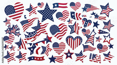 USA flag celebration holidays sign icon set. Flag, heart, star.P Happy Independence Day vector graphic.atriotic USA themed clipart set with American flag stars and hearts