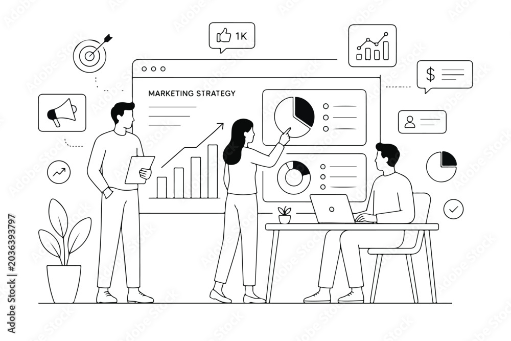 Fototapeta premium Marketing strategy business illustration, professional team analyzing data charts on dashboard, corporate digital growth and financial planning vector