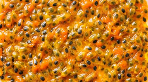 The interior of a passion fruit is filled with orange pulp and crunchy black seeds. This exotic texture is a celebration of tropical flavors and natural diversity.