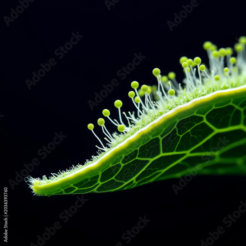 Macro Close-Up of Green Leaf on Black Background