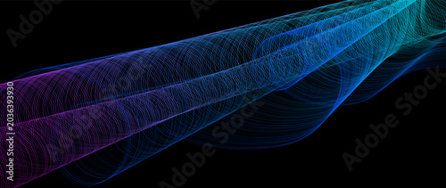 Abstract wave design with glowing digital lines in neon blue, purple, green gradients on black background. Futuristic vector backdrop for spatial computing interfaces, quantum network visualization