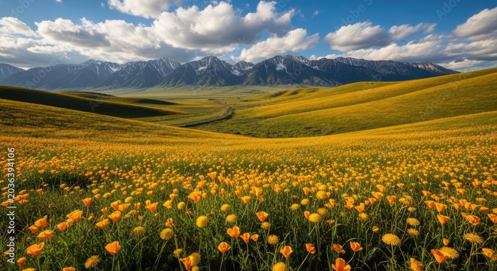Fototapeta premium Vibrant wildflower meadow in front of majestic mountain range