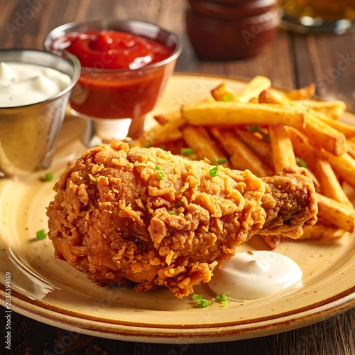 Crispy fried chicken with french fries.