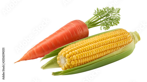 Red carrot and corn cob isolated PNG, fresh vegetables on transparent background, healthy food ingredients for cooking, and a vegetarian diet. 