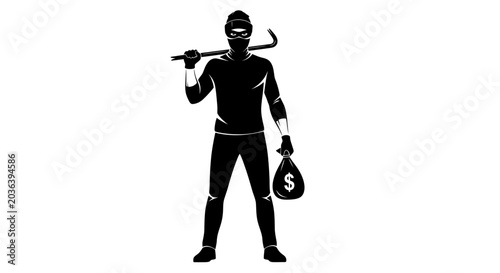 Obraz na płótnie Burglar with Crowbar and Money Bag, Criminal Activity Icon