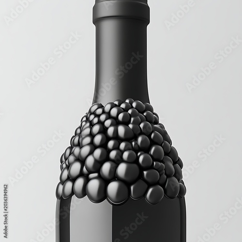 Sleek black bottle with unique textured, bubble-like design around its midsection