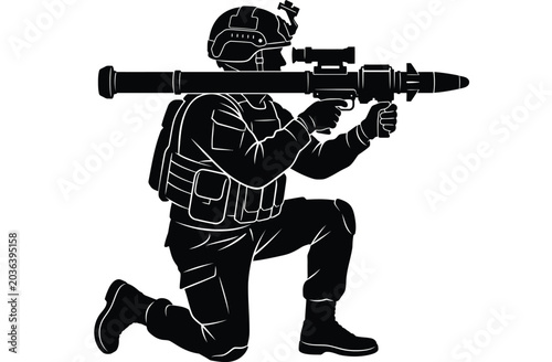 Fotografie Soldier with rocket propelled grenade launcher black silhouette on white backgro