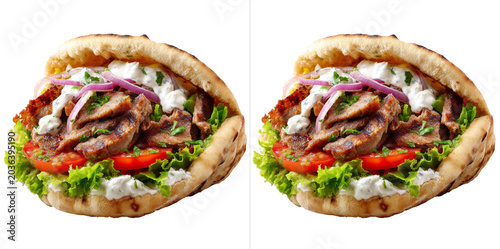 Delicious doner kebab with fresh ingredients in pita bread on white background.