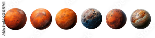 Alien planets, set of six strange worlds, isolated on transparent background. Orange, red, and Mars like planets.