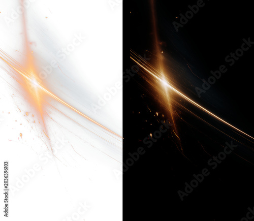 Cinematic golden light streak with flying sparks and glowing flare on transparent background.