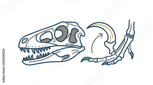 Dinosaur skull and raptor claw illustration.
