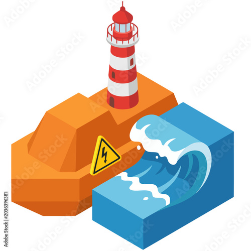 Obraz na plátně Isometric tsunami warning icon depicts a lighthouse battling a surging wave
