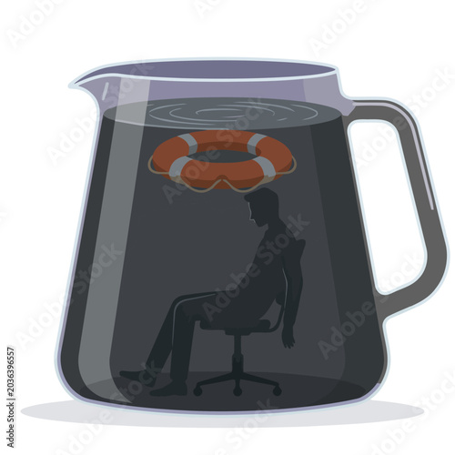 Canvas-taulu A satirical illustration depicts a drowning office worker submerged in a coffee pot, with a life preserver offering minimal rescue