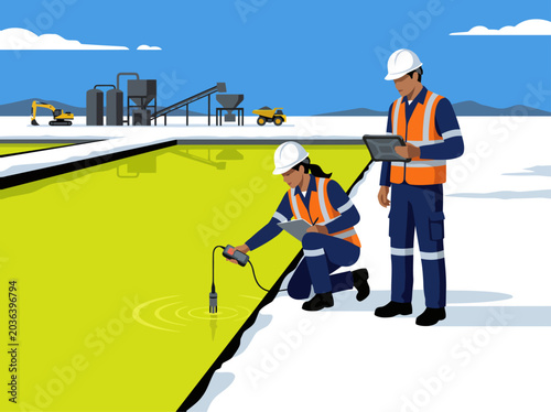 Photography Two professionals inspect brine quality at a lithium mine site