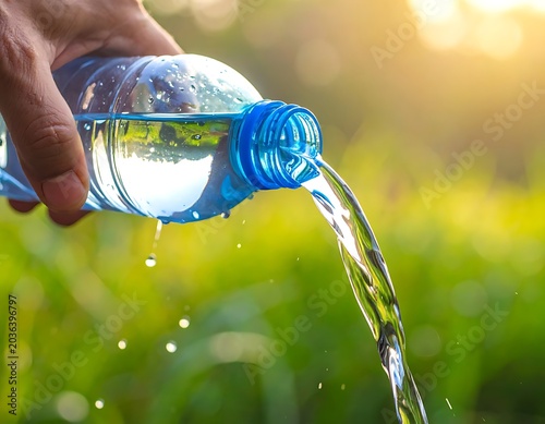 Hand pouring water from plastic bottle.