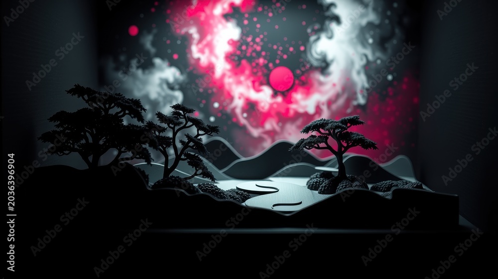 Fototapeta premium Dramatic papercraft landscape. Silhouetted trees frame vibrant pink sky, moon glows amidst swirling clouds. Minimalist, moody aesthetic.