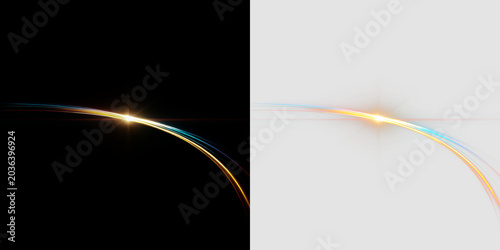 Bright light with colorful curves isolated on transparent and black background, in a modern design style, light overlay, PNG