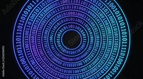 Futuristic abstract design showcasing interconnected binary code rings, symbolizing global data networks and the intricate world of digital information technology