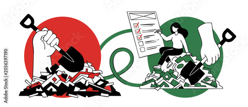 Photos Data organization concept chaos order showing workflow process optimization with a woman checking list, sorting clutter into neat structured blocks, symbolizing database clean up and task management