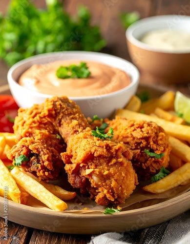 Delicious fried chicken and french fries.