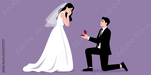 Obraz na płótnie Cartoon flat style drawing man kneeling holding engagement ring proposing woman marry him marriage with wedding dress, man proposing to woman romantic moment silhouette