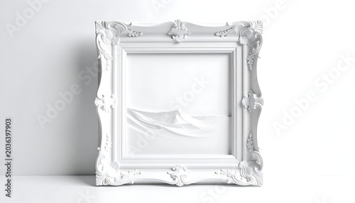 Ornate white empty picture frame.