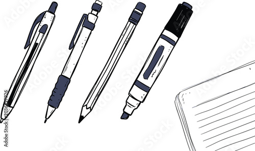Bilde på lerret Office and School Stationery Writing Set Featuring Ballpoint Pen Mechanical Penc