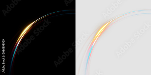 Quadro em tela Colorful light curves isolated on transparent and black background, showing move