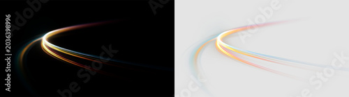 Colorful light trails isolated on transparent and black background, create dynamic patterns and effects for design projects and digital art, light overlay, PNG