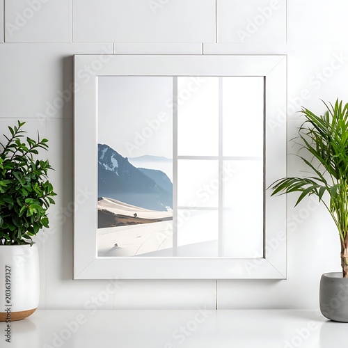 Serene indoor plants and mountain view.