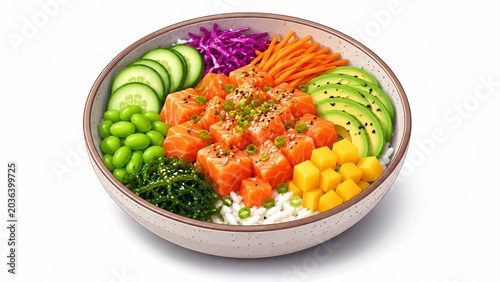 Modern healthy salmon poke bowl with edamame avocado mango and seaweed premium isometric 3d illustration for corporate wellness presentation