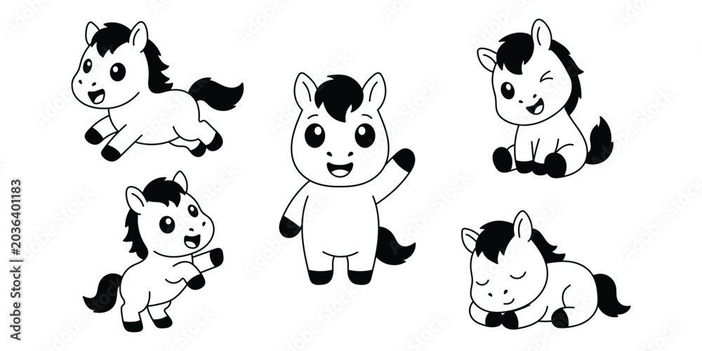 Obraz premium Cute pony cartoon collection for nursery graphics, educational media, stickers, branding, and kids products.