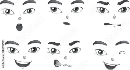 Schilderij op canvas A set of six distinct cartoon face expressions showcasing a range of emotions like surprise, confusion, and happiness