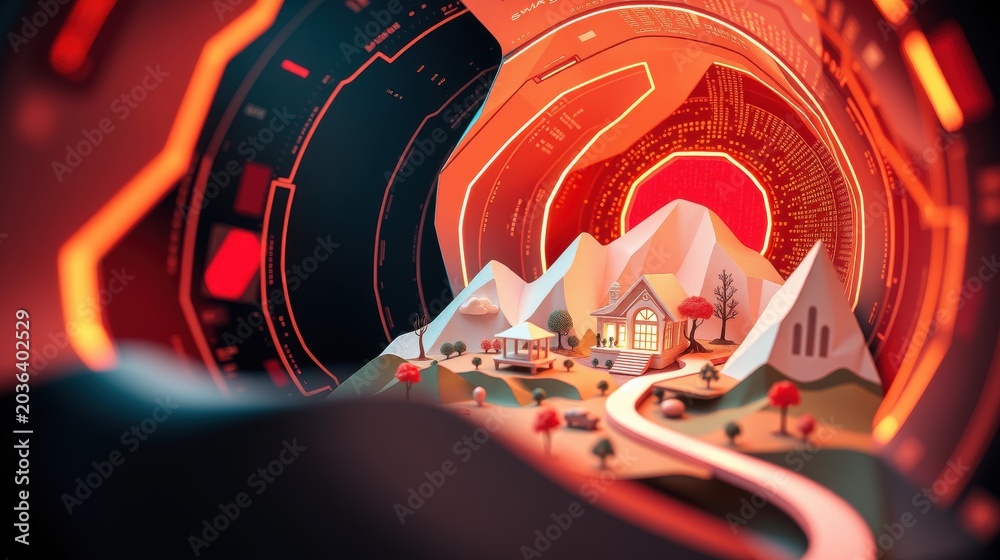 Obraz premium Futuristic landscape features small house, mountains, winding path. Digital elements surround scene, creating vibrant, abstract view.