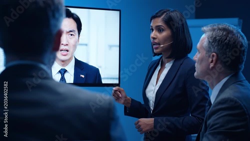 Business meeting video conference corporate communication presentation negotiation crisis management executive boardroom conference room teamwork, professional woman speaking crisis briefing meeting