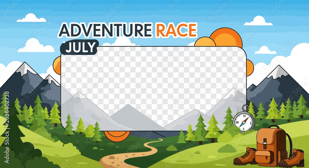 Obraz premium Adventure Race July Event Template with Mountain Landscape and Hiking Gear