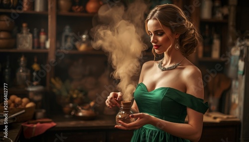There is a woman in a green dress holding a glass jar with smoke coming out of it